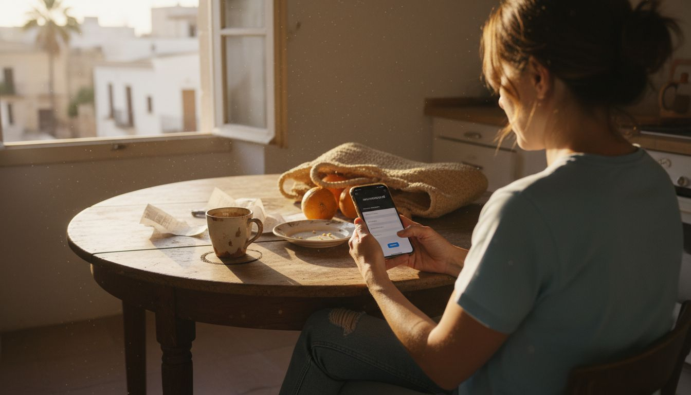 Woman setting up taxi app account at kitchen table
