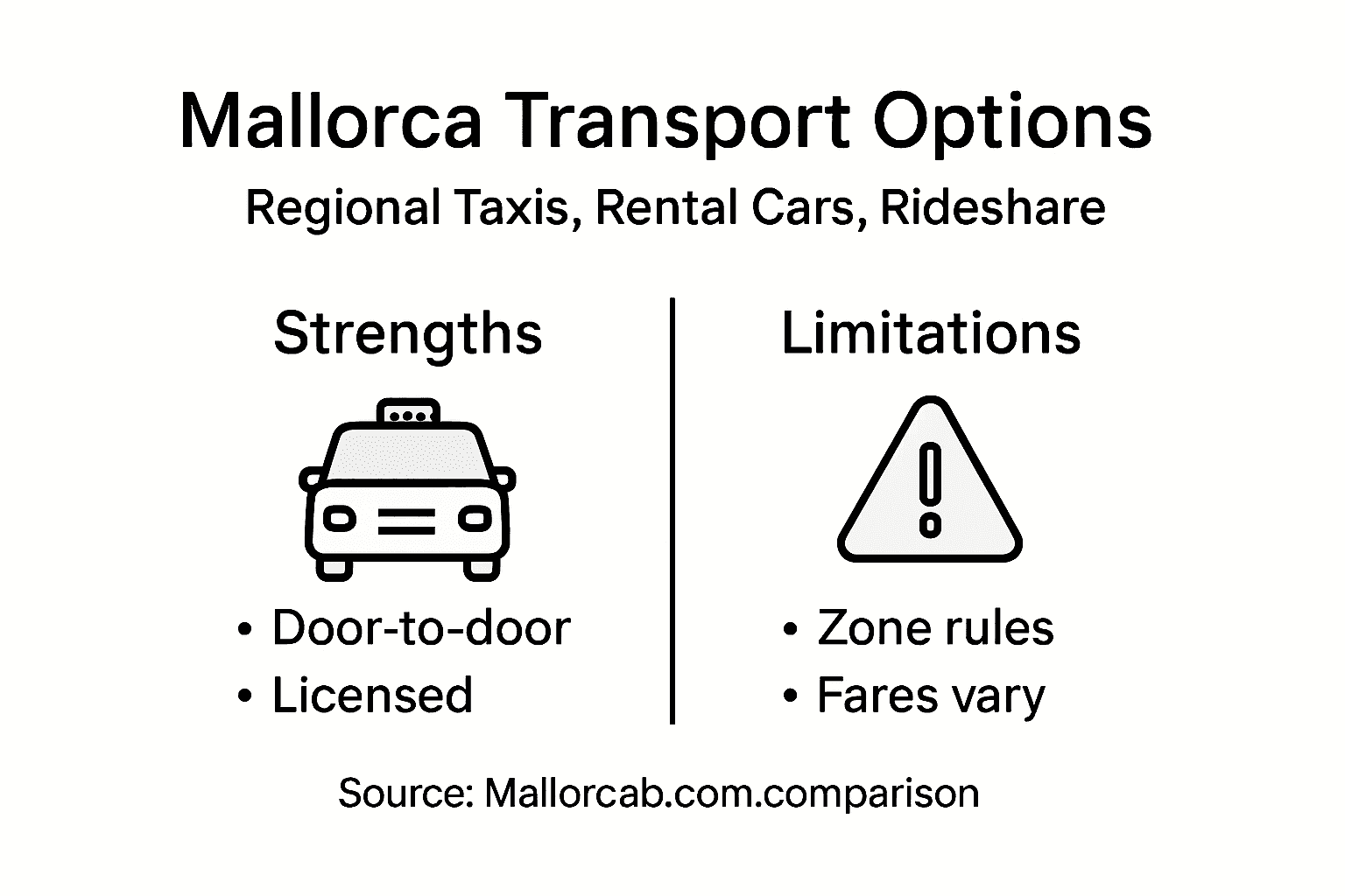 Infographic comparing Mallorca transport options strengths and limits