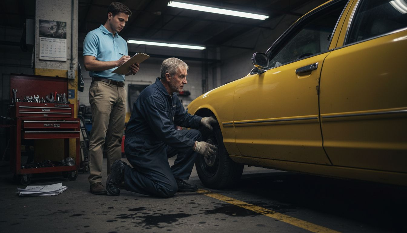 Mechanic and driver inspecting taxi for safety