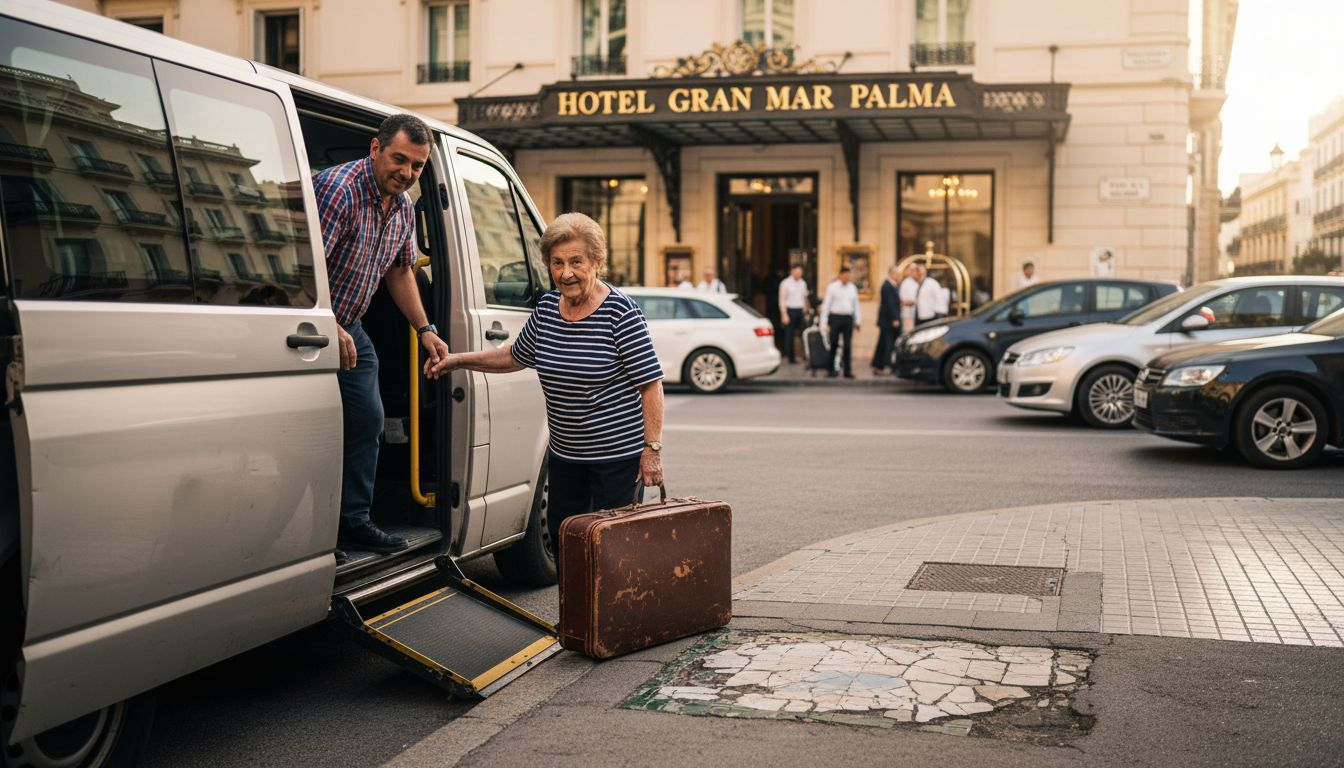 Un turista accede a un taxi adaptado en la entrada del hotel.