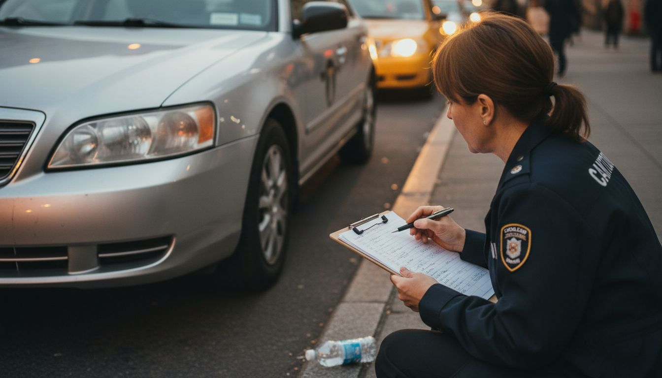 Taxi inspector checking vehicle safety curbside