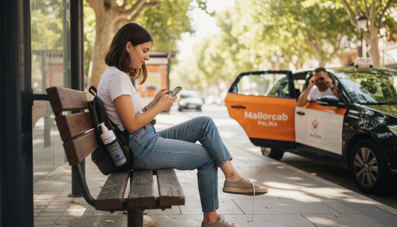 Woman booking ride on taxi app at bus stop