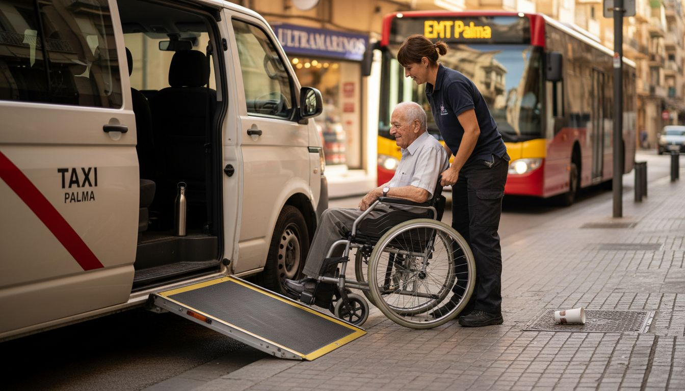 Una persona en silla de ruedas sube a un taxi adaptado en Mallorca.