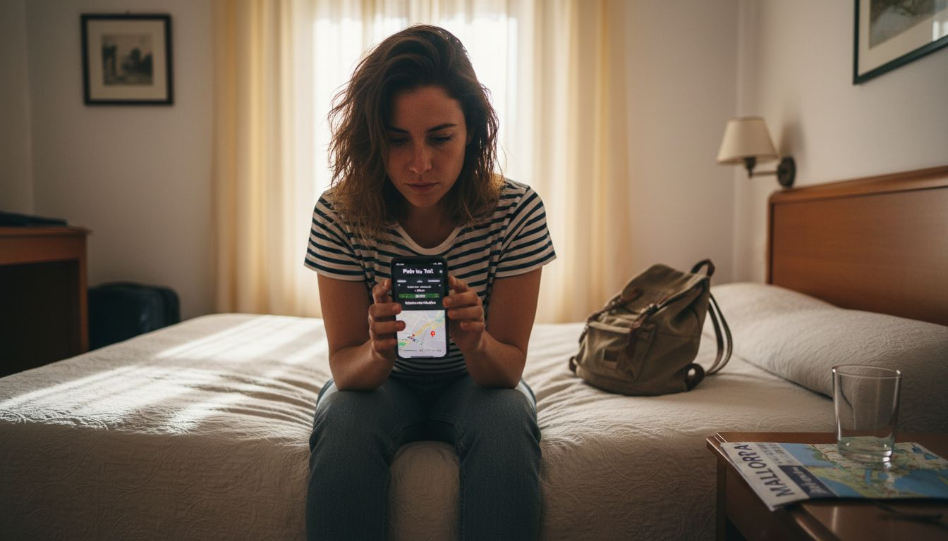 Un viajero ajusta los detalles de una aplicación de taxis desde la comodidad de su habitación de hotel.