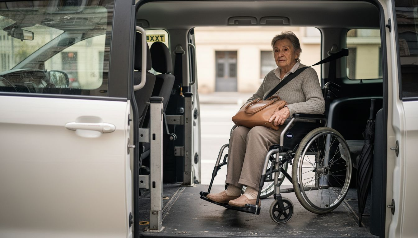 Vista del interior de un taxi adaptado, con una pasajera y la rampa desplegada para facilitar el acceso.