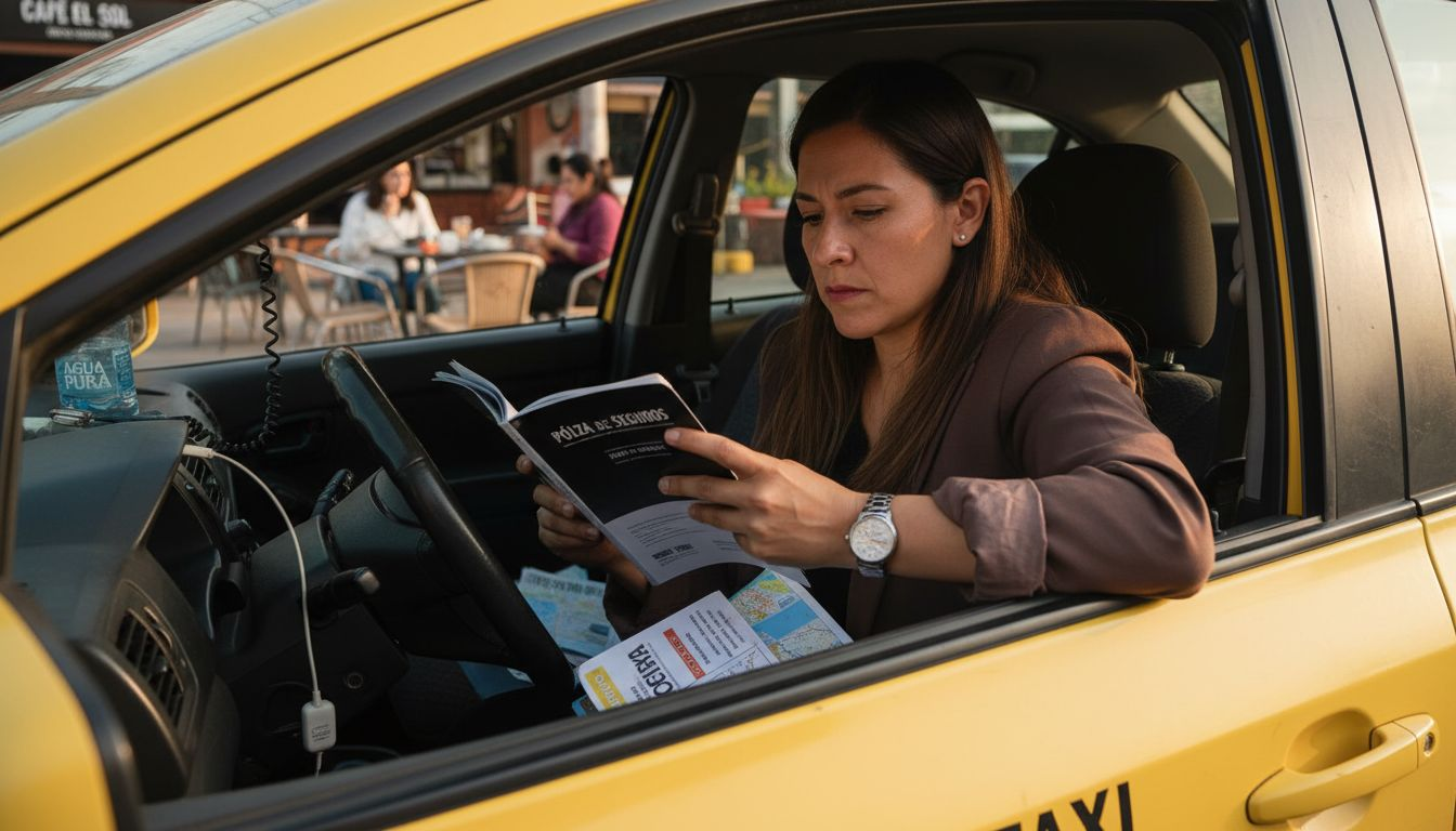 Un taxista revisa los papeles del seguro dentro de su coche.