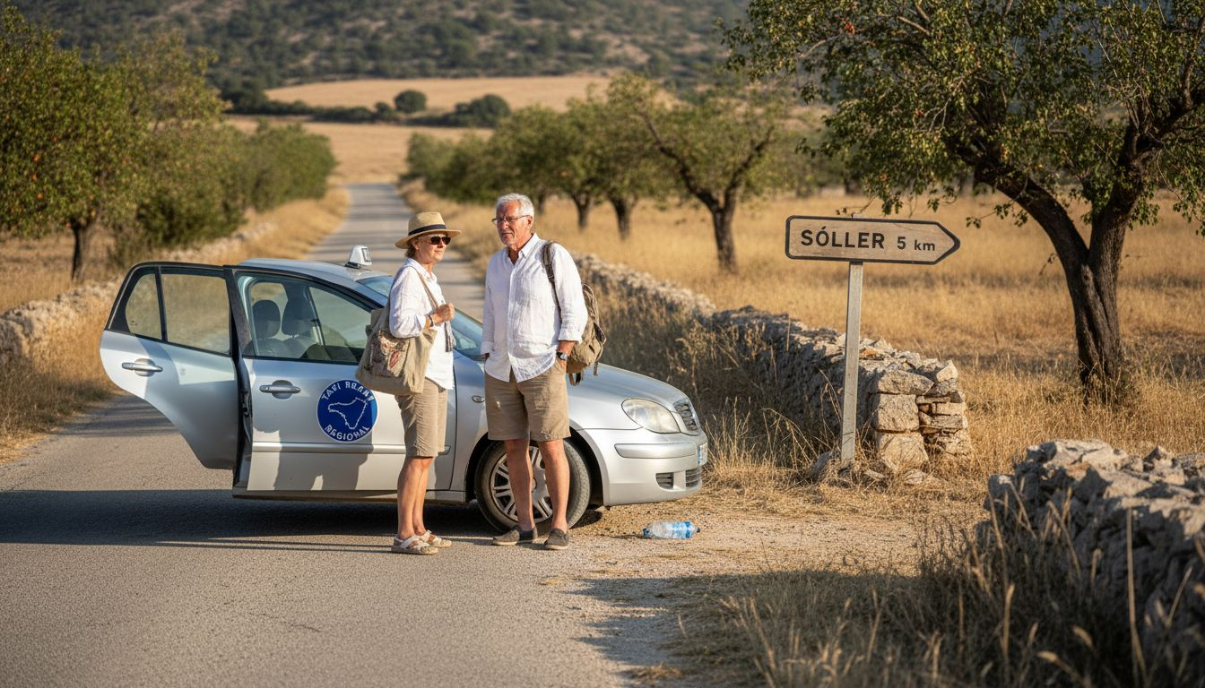Couple waiting by regional taxi in Mallorca