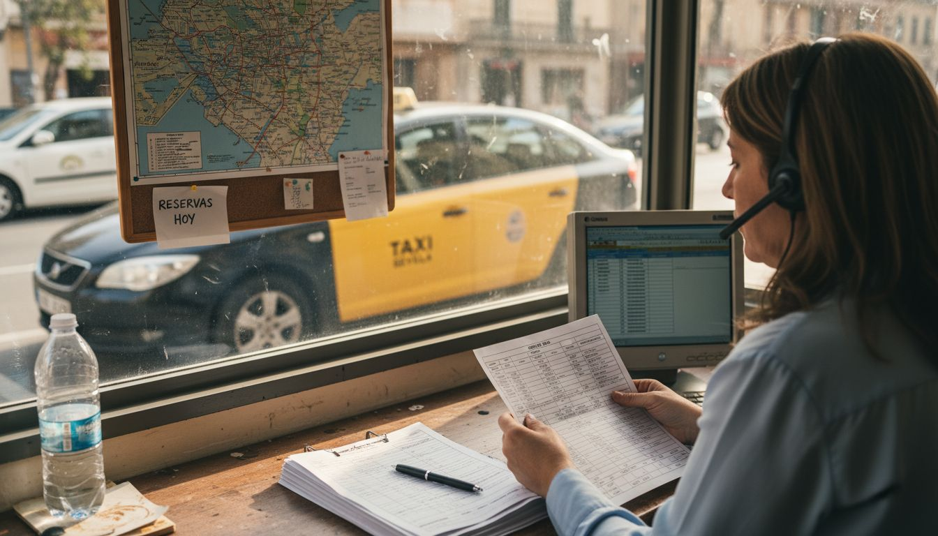 Recepcionista de taxis organizando reservas desde la central