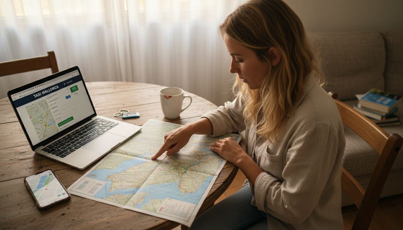 Traveler mapping Mallorca taxi route on table
