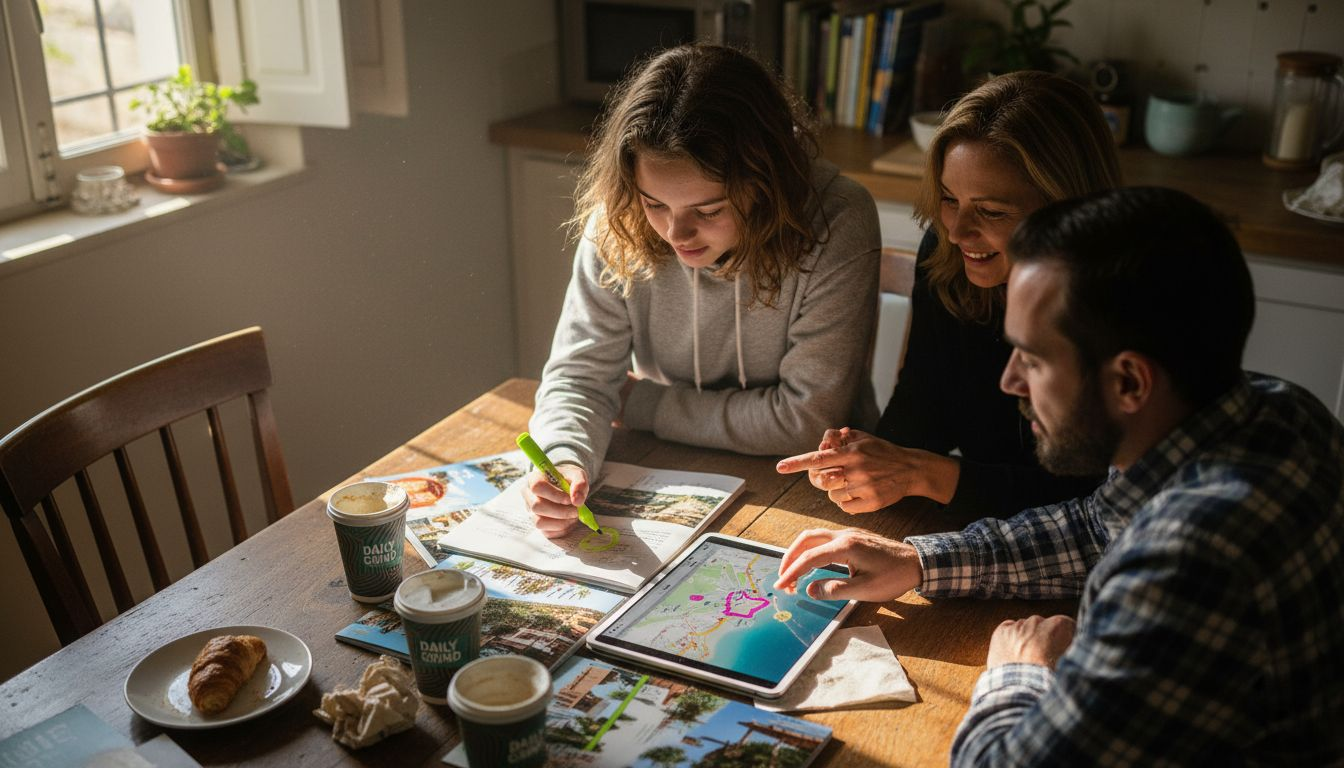 Family selecting taxi excursion destination together