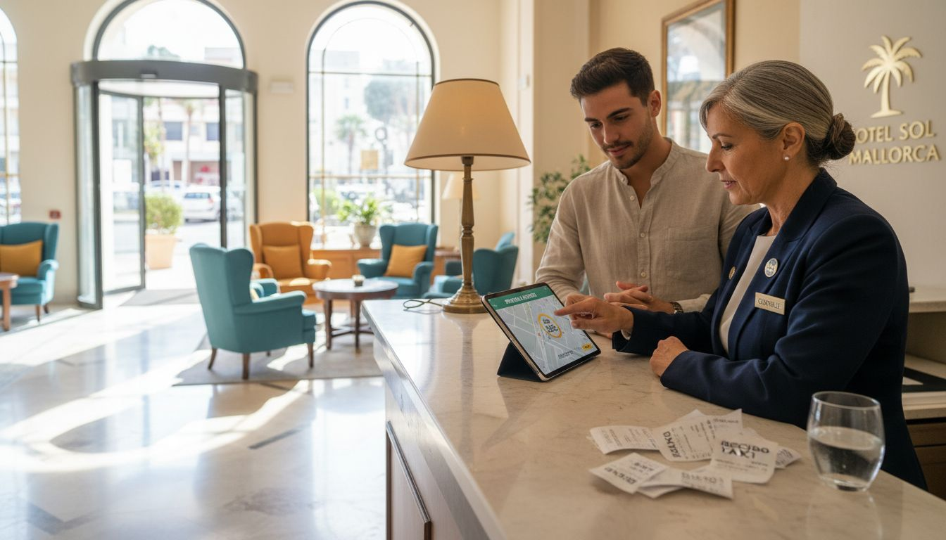El conserje del hotel se encarga de pedir un taxi para uno de los huéspedes.