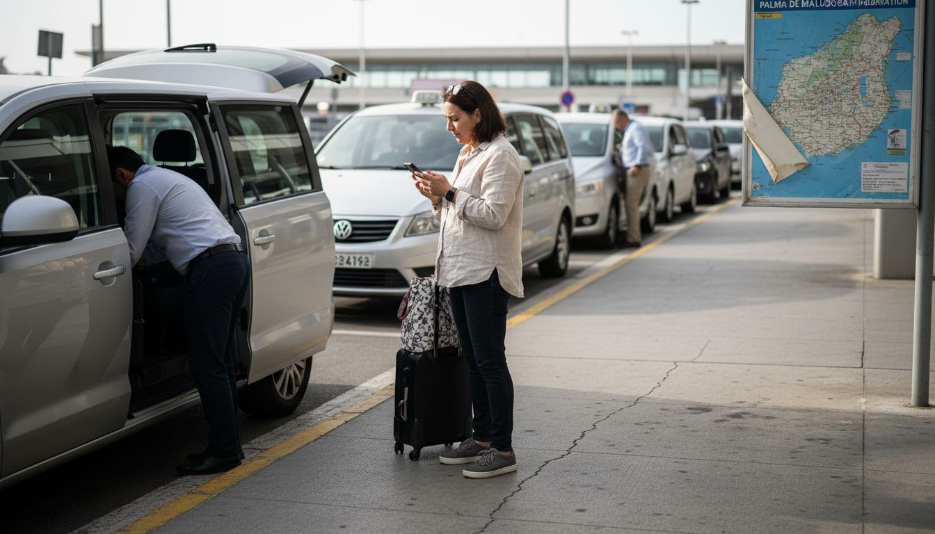 Traveler and taxi at Mallorca airport stand