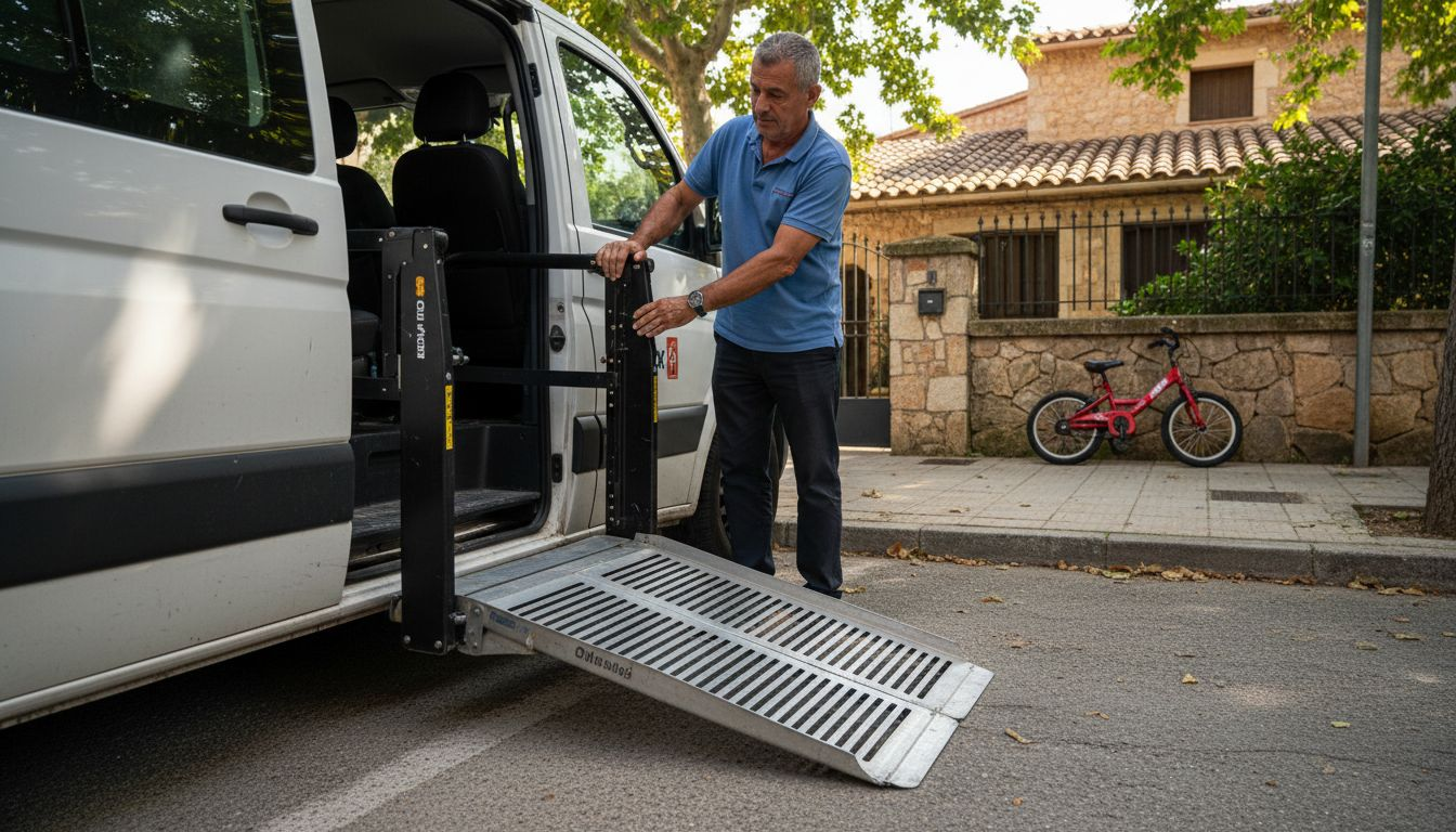 Driver unfolds wheelchair ramp by taxi