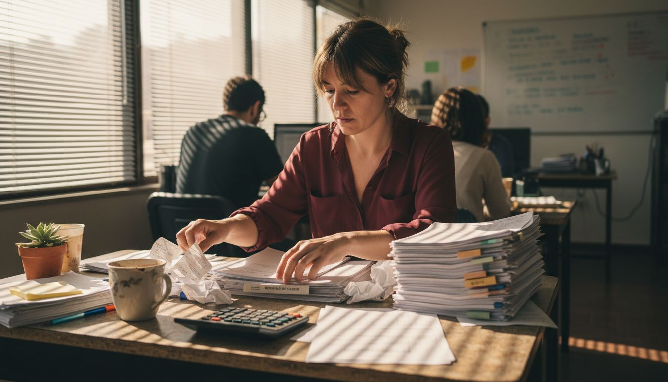 Empleado organizando documentos de taxis y vehículos VTC