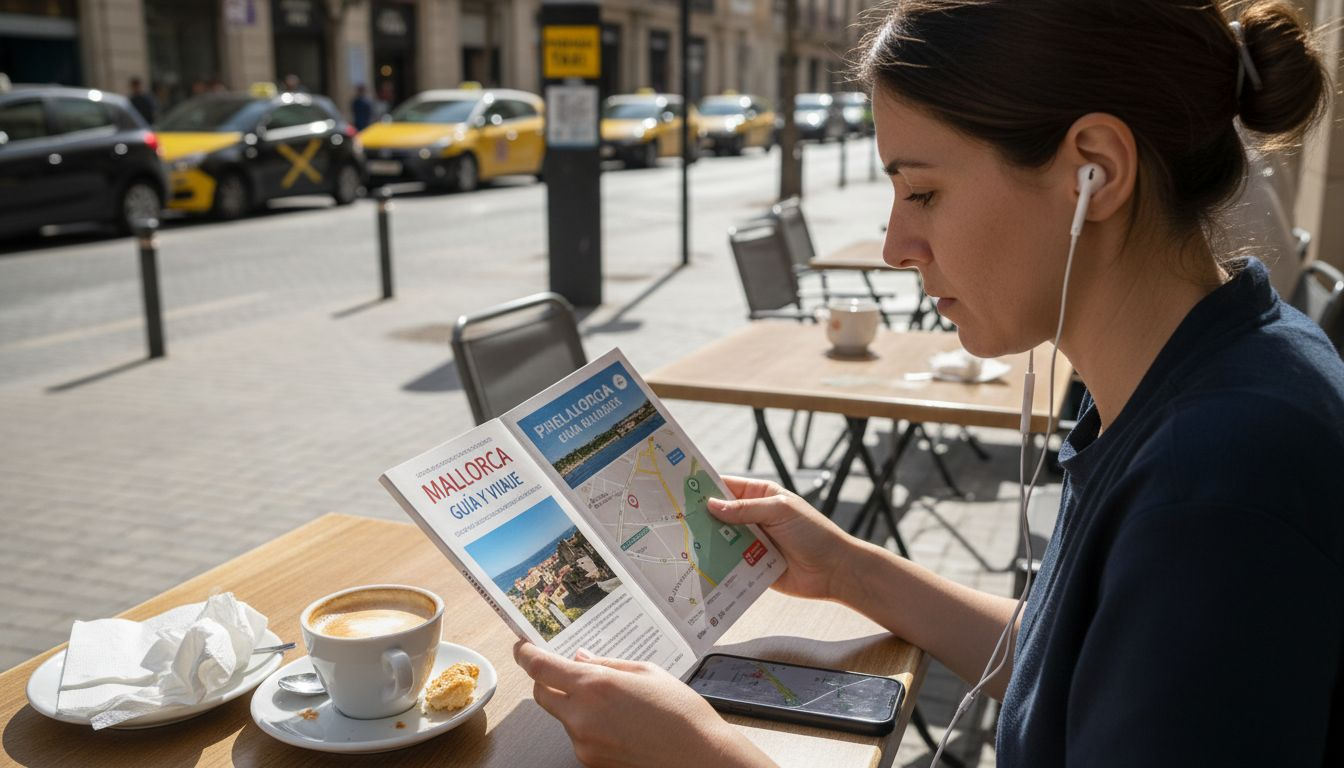 Una mujer revisa una guía turística y utiliza una aplicación para pedir taxi.