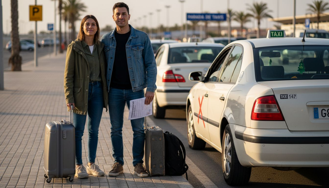 Viajeros hacen cola en la parada de taxis del aeropuerto de Mallorca.