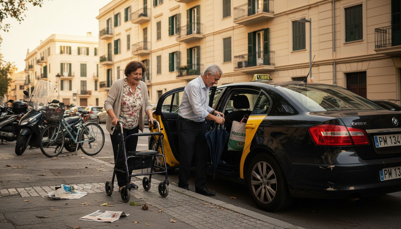 Un taxista ayuda a una señora con andador en Mallorca