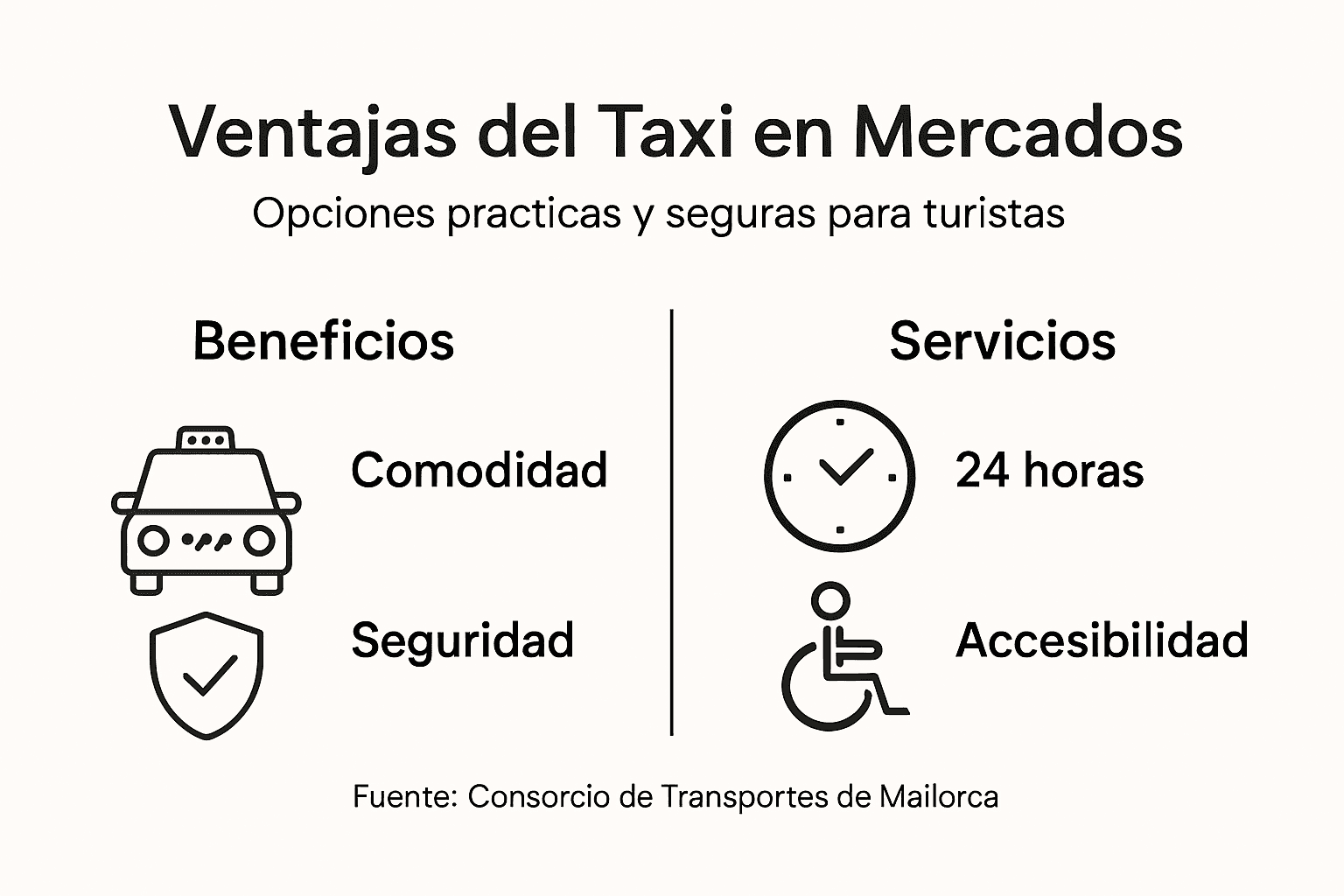Descubre en esta infografía las principales ventajas de utilizar el servicio de taxi en Mallorca, especialmente en zonas de mercados. Conoce cómo desplazarte de forma cómoda, rápida y segura mientras disfrutas de la mejor experiencia local.