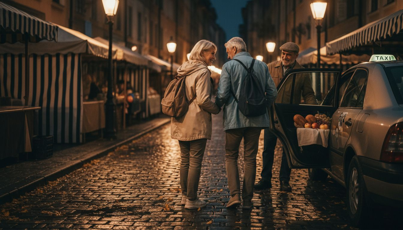 Una pareja se baja de un taxi justo al lado de un animado mercado nocturno.