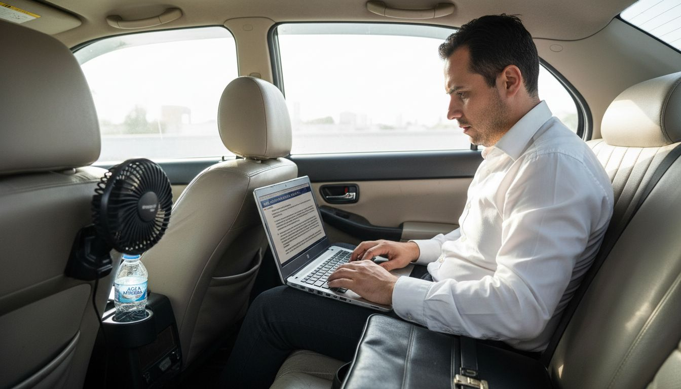 Directivo aprovechando el trayecto en taxi por Mallorca para avanzar con su trabajo