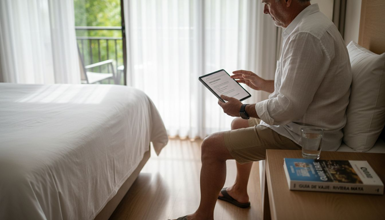 Un huésped revisa desde su tablet la reserva del taxi en la recepción del hotel.