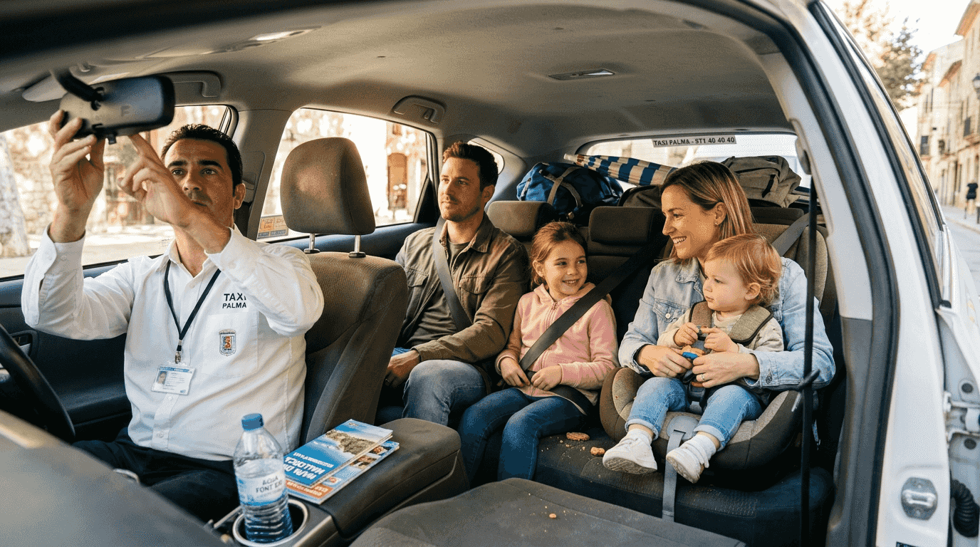 Una familia se prepara para subir al taxi y comenzar una excursión juntos.
