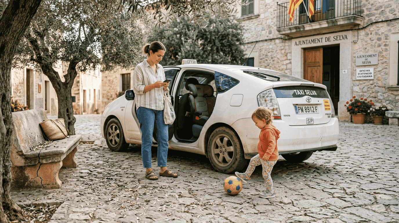 Una familia espera la llegada de un taxi en un Turner rural de Mallorca.