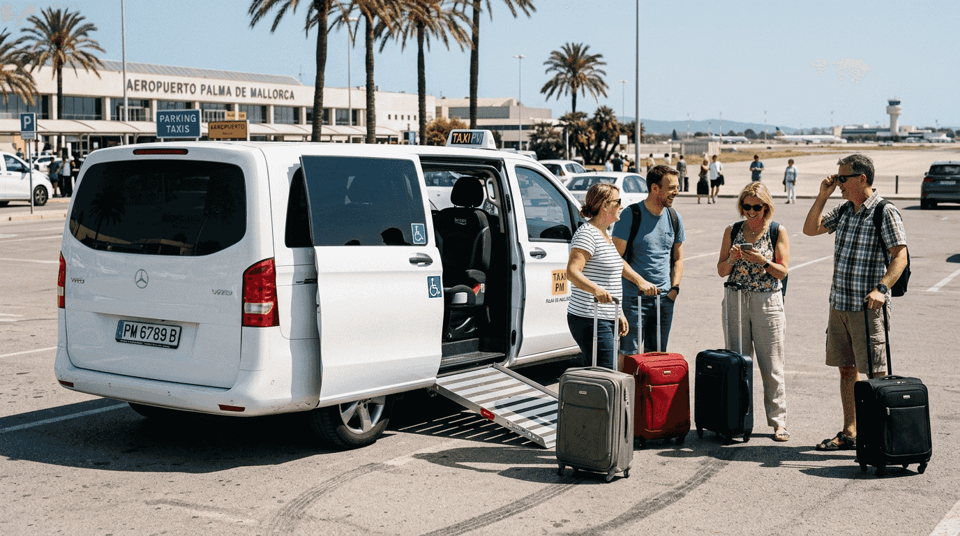 Turistas esperando cerca de una furgoneta de taxi adaptada en Mallorca.