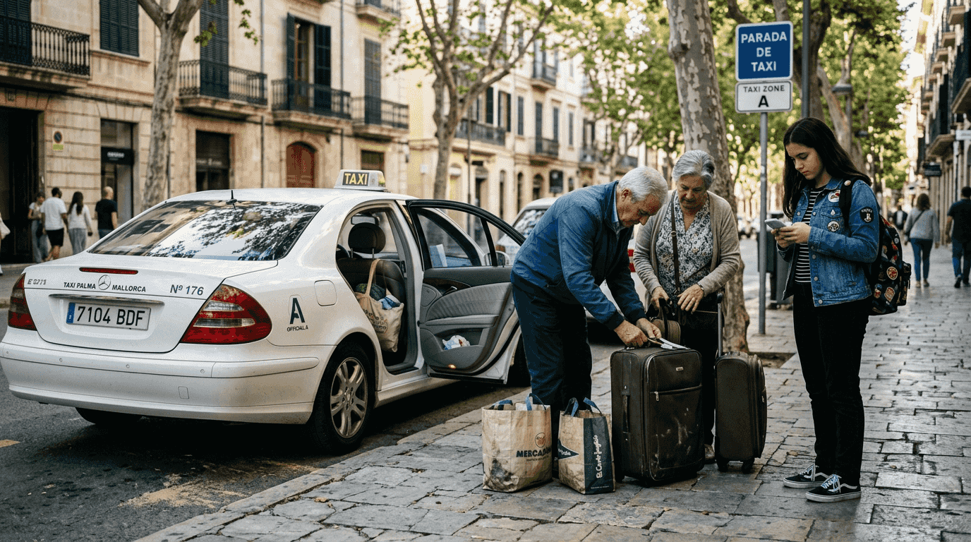 Viajeros con maletas esperan en la parada de taxis de Palma.