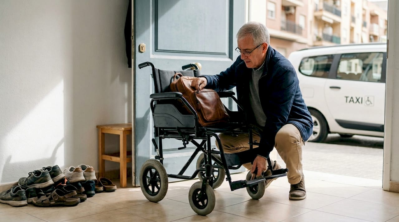 Un hombre se alista para la llegada de un taxi adaptado