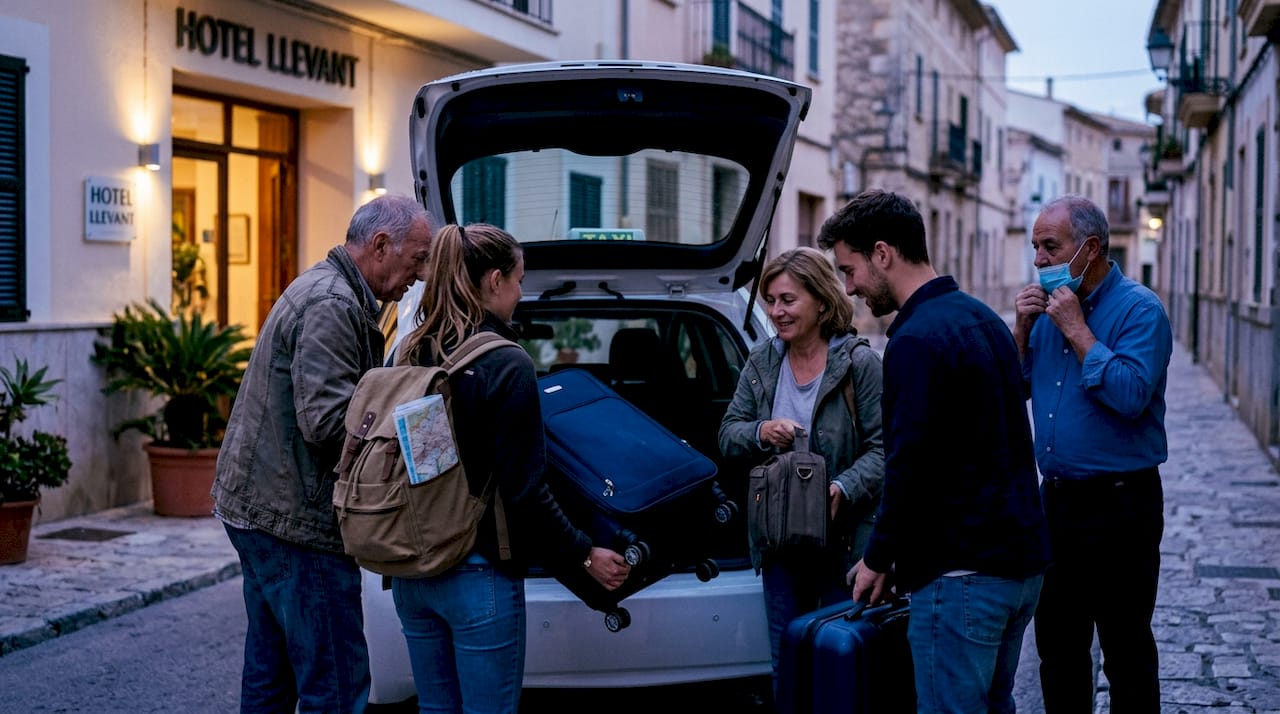 A primera hora de la mañana, unos turistas colocan sus maletas en el maletero de un taxi, listos para comenzar su viaje.