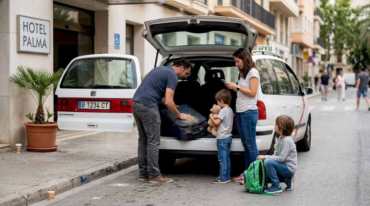 Una familia coloca sus maletas en una minivan de taxi en Mallorca, preparándose para su viaje.
