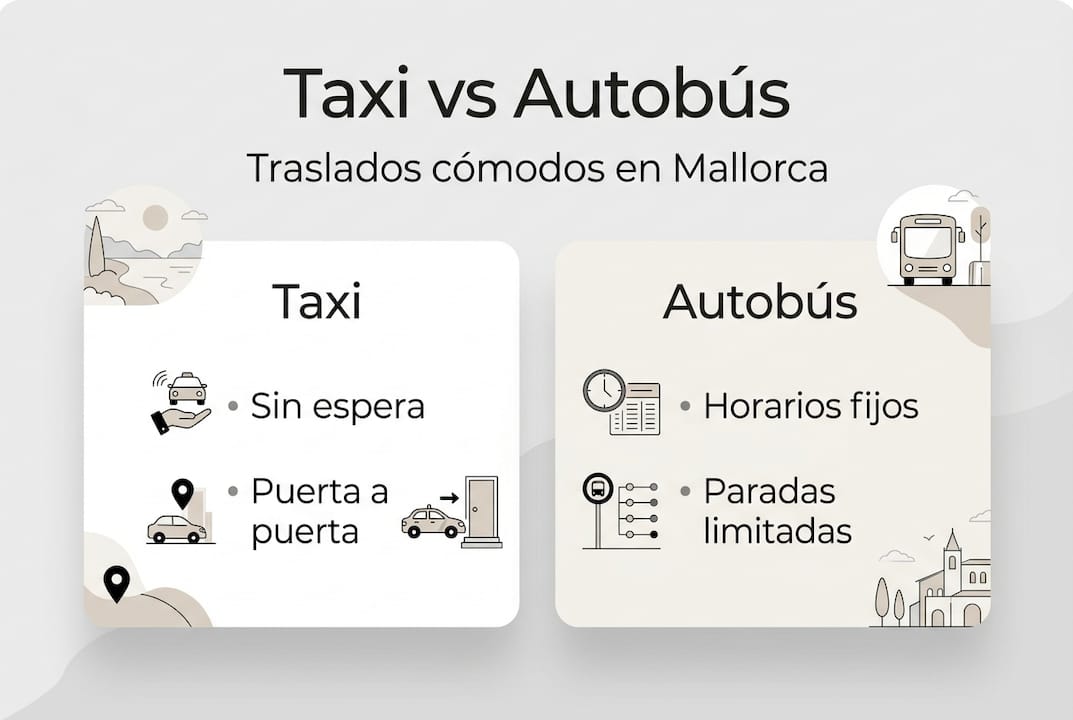 Comparativa visual entre taxi y autobús en Mallorca