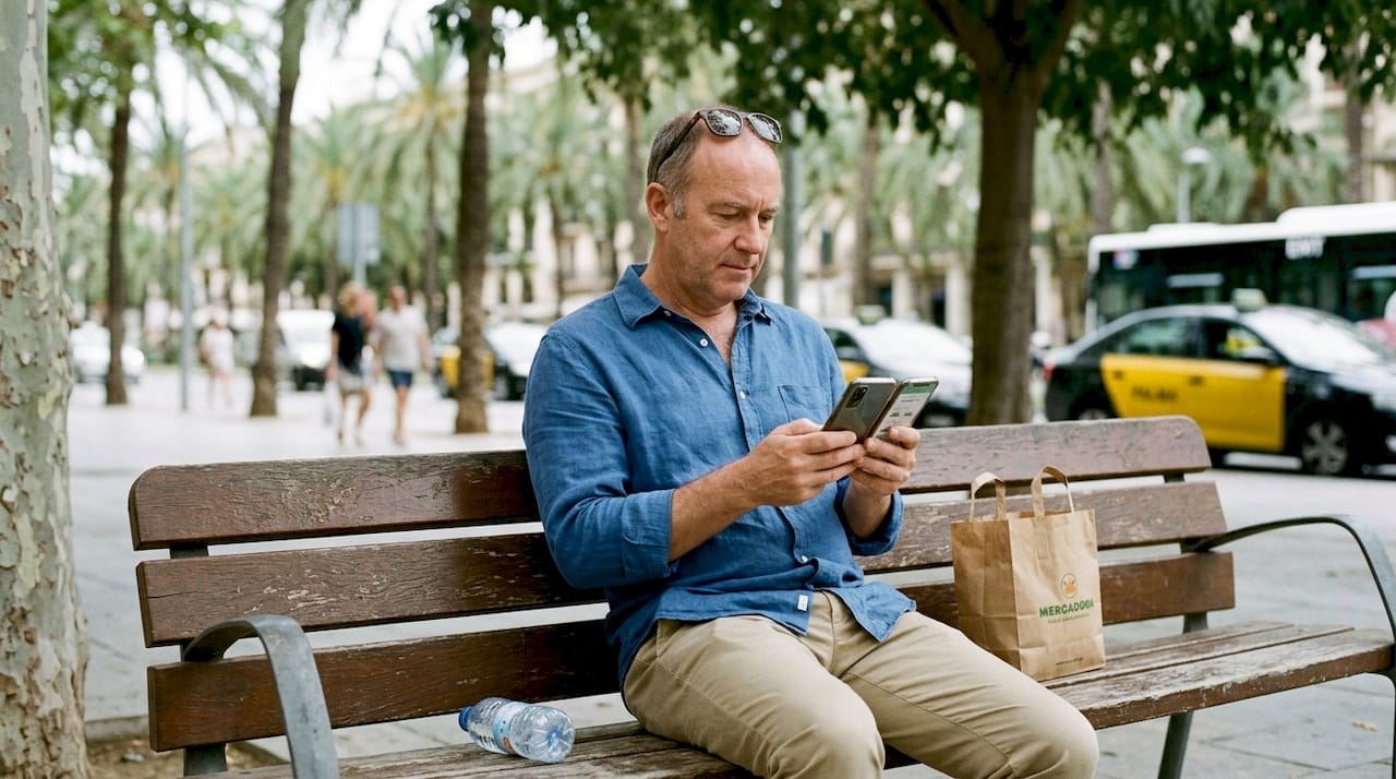 Hombre sentado en un banco del parque revisando y comparando diferentes aplicaciones de taxi en su móvil.