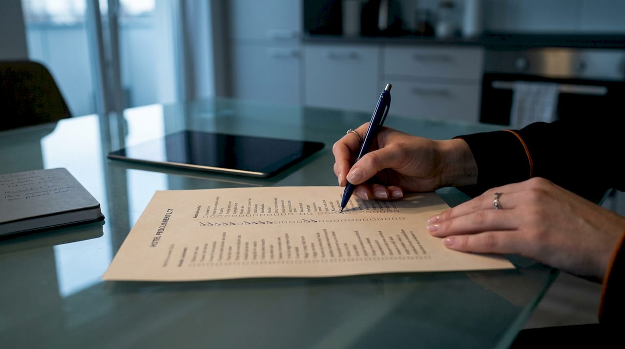 Közelről látható, ahogy valaki kipipálja a szállodai beszerzési listát