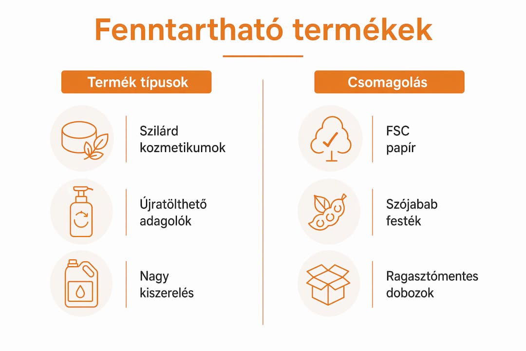 Áttekintő infografika a környezetbarát szállodai WC-termékekről, kategóriákra bontva