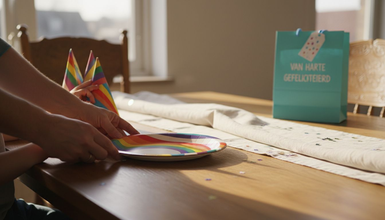 Samen dekken ouder en kind vrolijk de tafel voor het feest, compleet met kleurrijke versiering en servies.