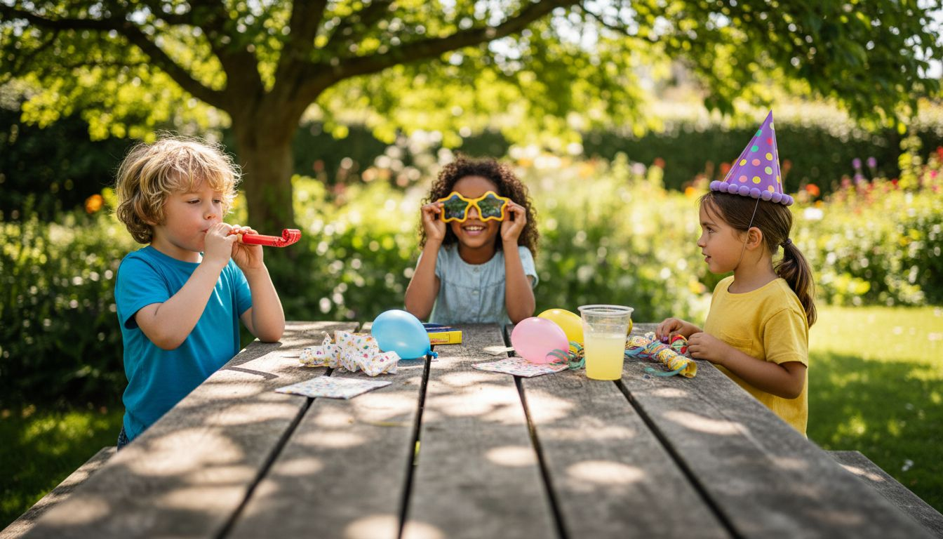 Buiten spelen kinderen vrolijk met allerlei feestelijke accessoires.