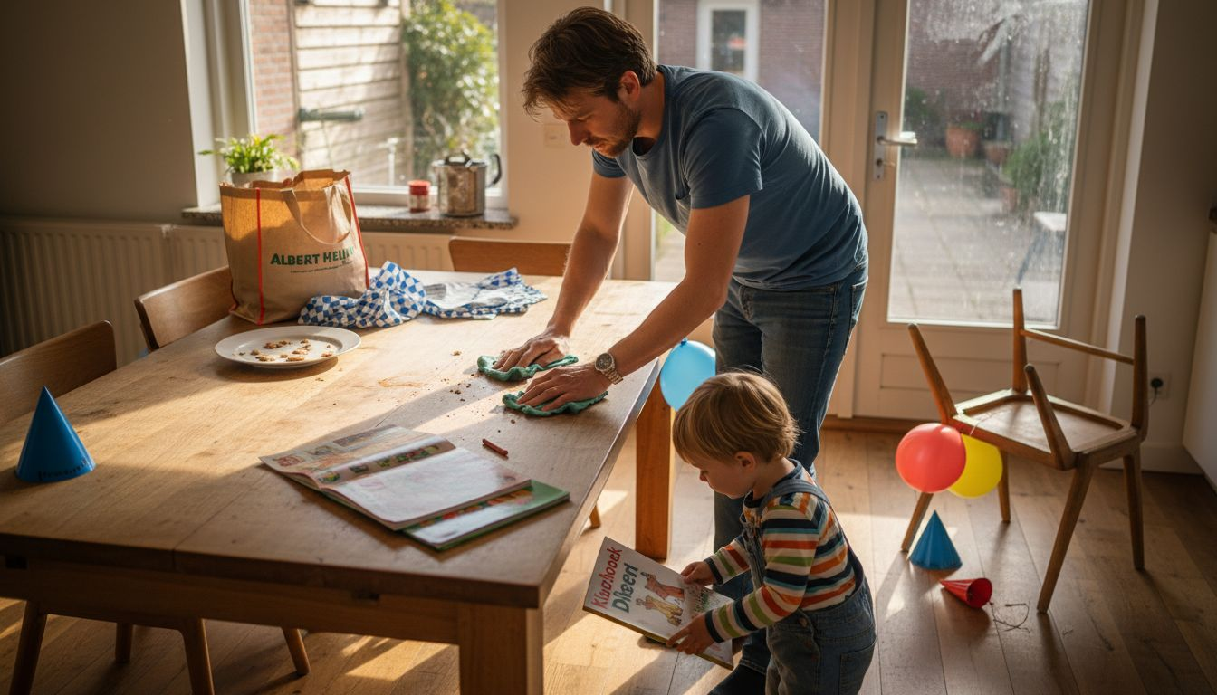 Samen zorgen ouder en kind ervoor dat alles klaarstaat voor het feest.