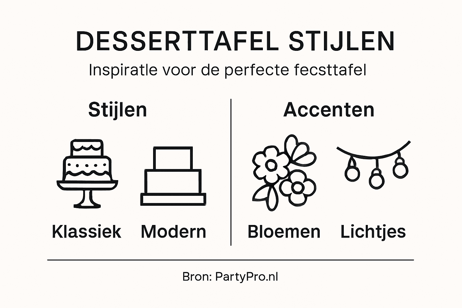 Inspirerende infographic: verschillende stijlen voor de perfecte desserttafel, aangevuld met stijlvolle accenten