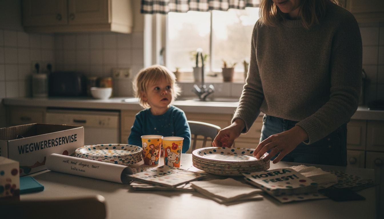 Moeder zet de versiering en feestspullen alvast klaar voor het kinderfeestje.