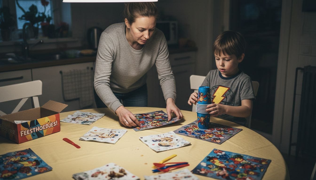 Samen maken moeder en zoon er een feestje van terwijl ze de thematafel gezellig aankleden.