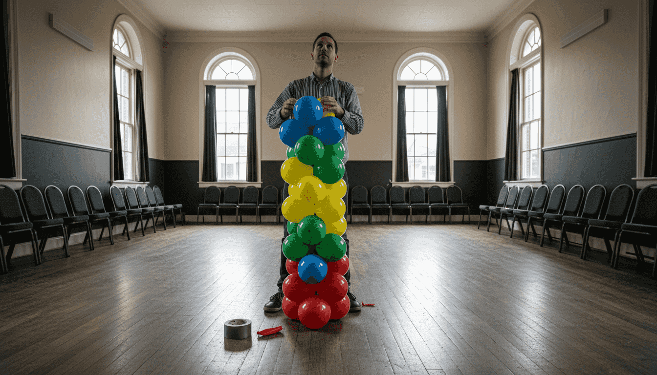 Een man bekijkt een spiraalvormige ballonpilaar in de zaal.