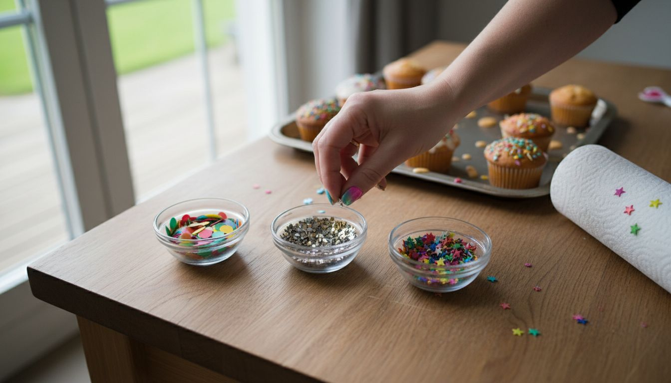 Drie verschillende soorten confetti, elk in een eigen schaaltje