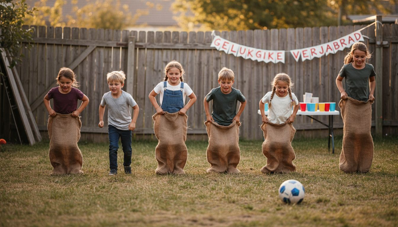 Kinderen doen een zaklopenwedstrijd tijdens het tuinfeest.