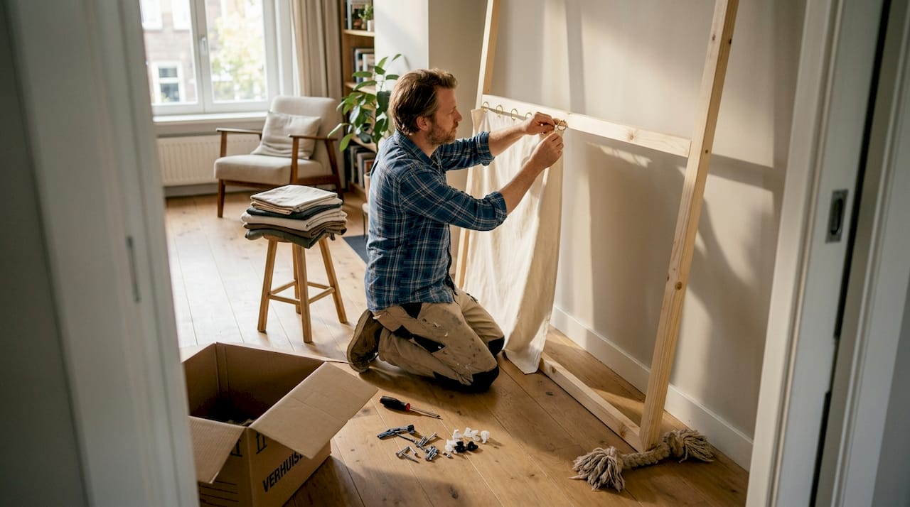 Een man zet een houten frame in elkaar en spant er een lichte stof overheen.