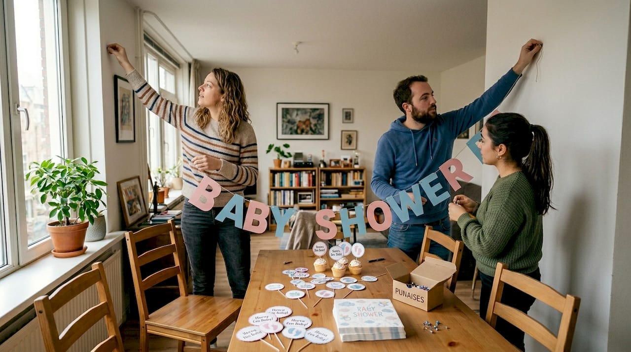 Een groep vrienden versiert samen de ruimte met babyshowerdecoratie in een bepaald thema.
