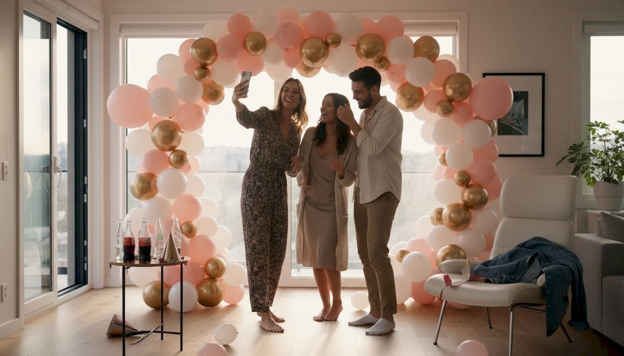 Vrienden poseren samen voor een feestelijke ballonnenboog