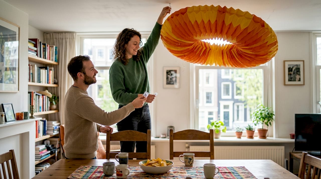 Vrienden hangen samen een vrolijke harmonicaslinger op