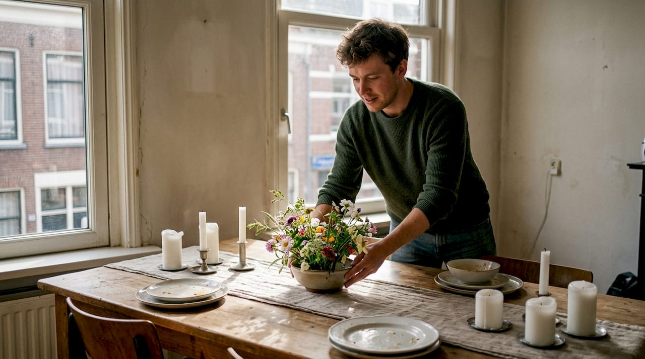 Een man zet een sfeervolle blikvanger op tafel als decoratie.